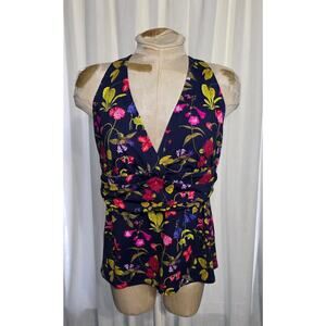 Lands End Women's VNeck XBack Tankini Top Navy Poppy Floral Size XL (18)